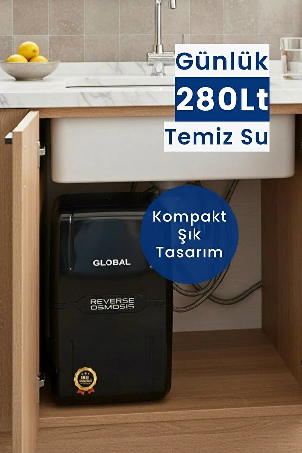 Su Arıtma Cihazı Kapalı Kasa | RO Ters Ozmos Sistem | Dahili 8L Tank | Siyah